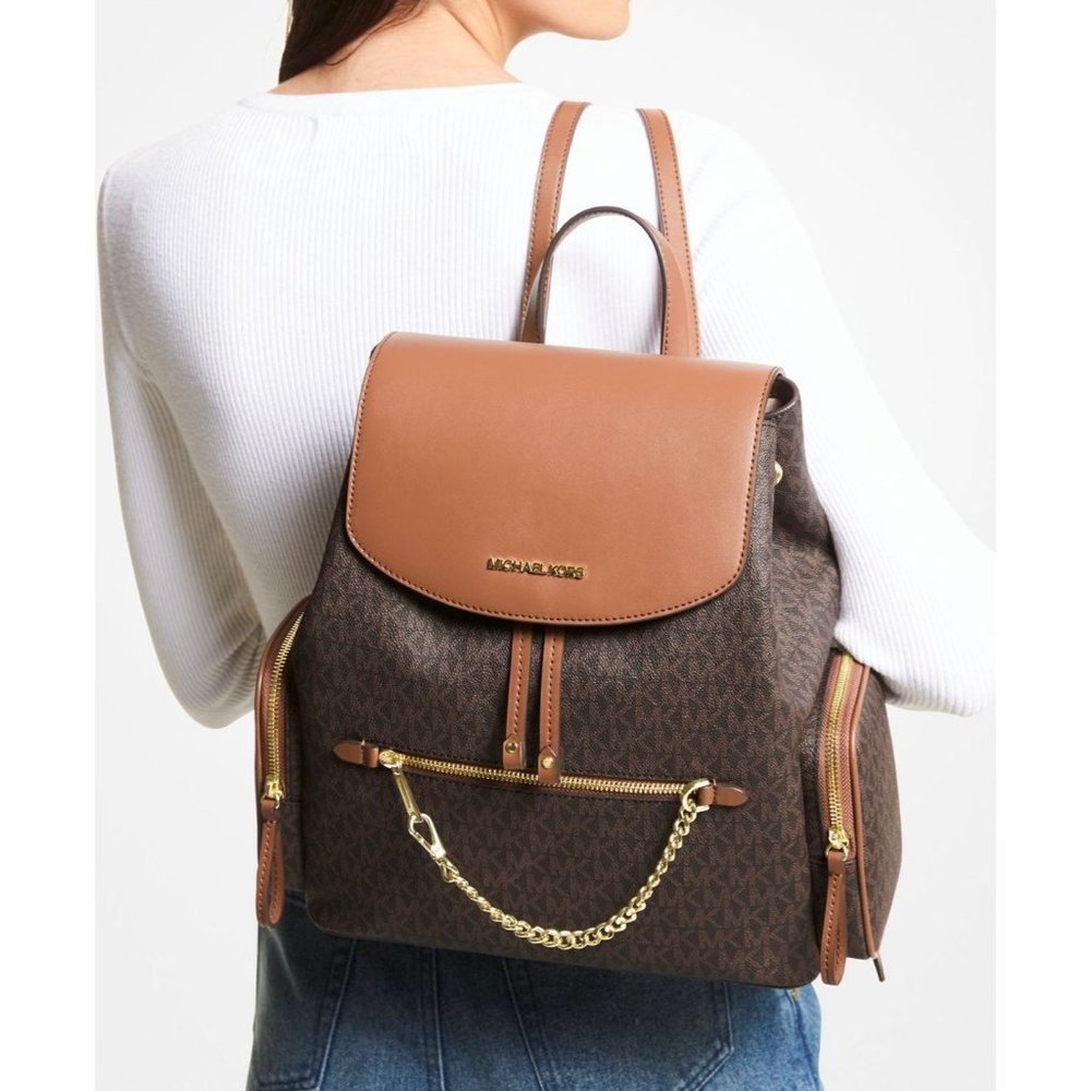 Michael Kors Backpack Jet Set MK Logo Large Chain Backpack Brown - Picture 11 of 11